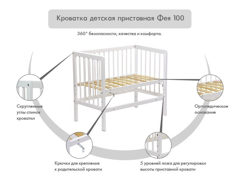 Кроватка приставная Фея 100 белый