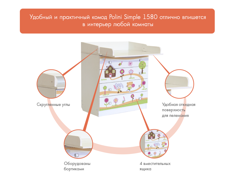 Пеленальный комод Polini Simple 1580, белый