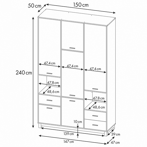Шкаф трехсекционный Polini kids Mirum 2335, на ножках, белый/розовый