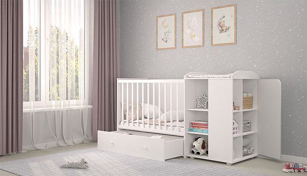 Кроватка-трансформер детская Polini kids French 900, Amis, с комодом, белый