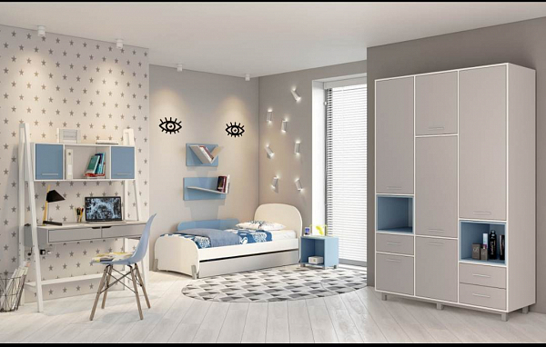 Стол письменный Polini kids Mirum 1446 высокий с полкой, белый/двери голубые