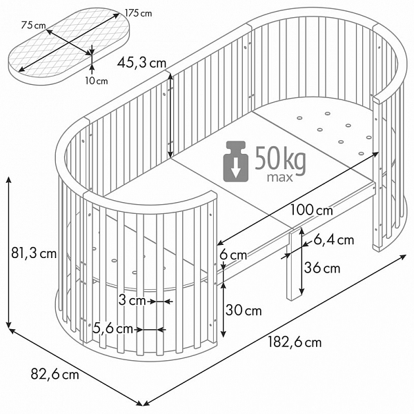 Круглая/овальная кроватка-трансформер Polini Kids Simple 930, белый